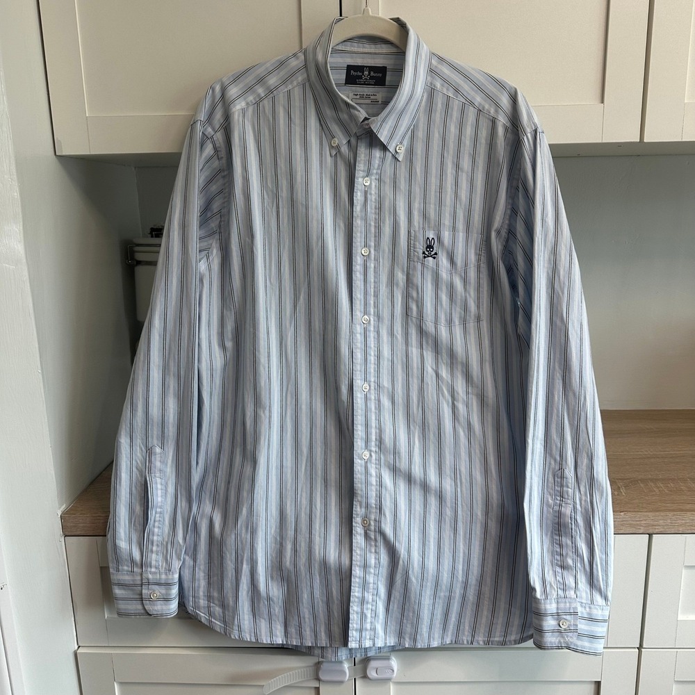 Psycho Bunny Men's‎ Button Down Shirt L Blue Striped Oxford Pima Cotton Business